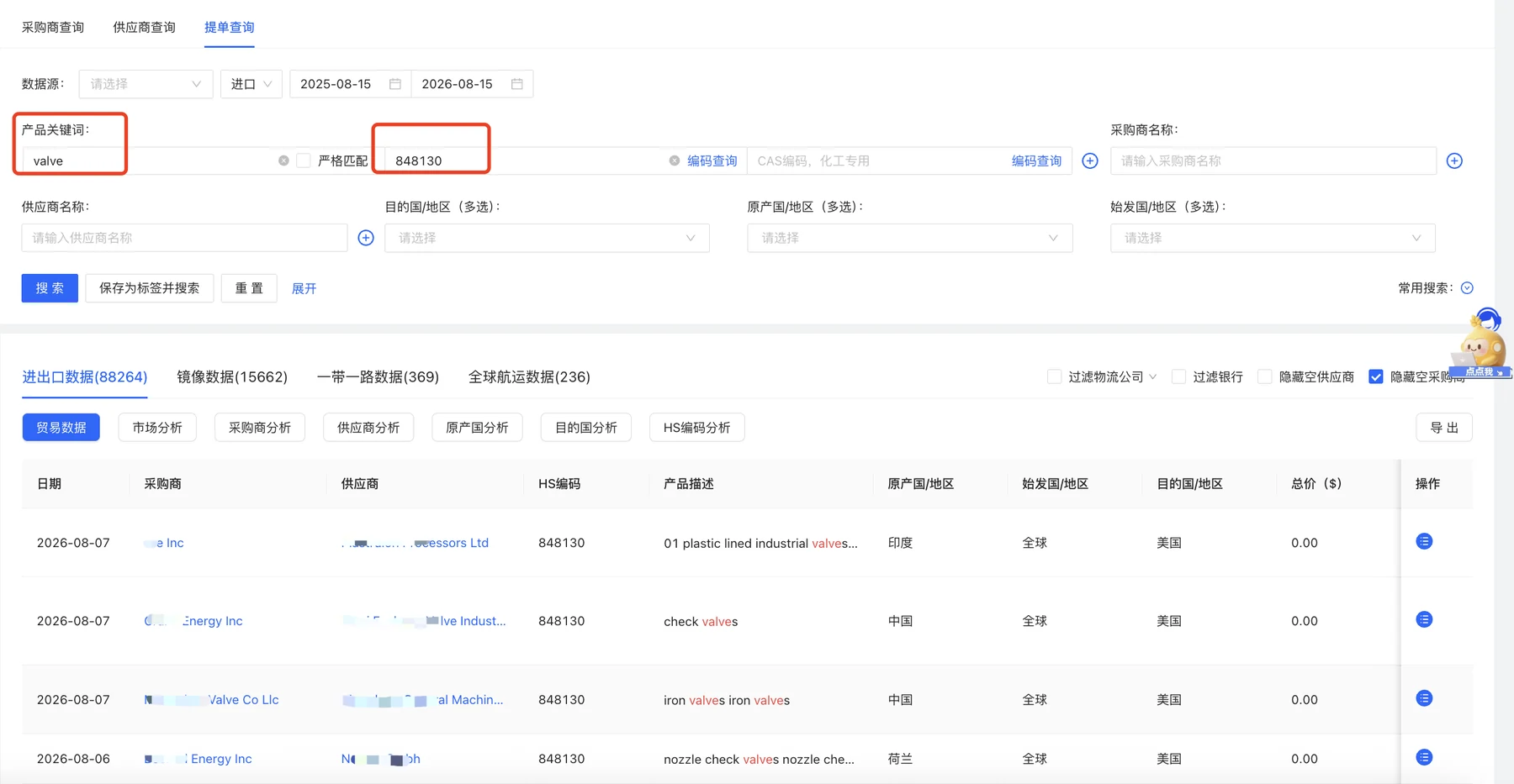 使用海关数据搜索工业阀门海外采购商