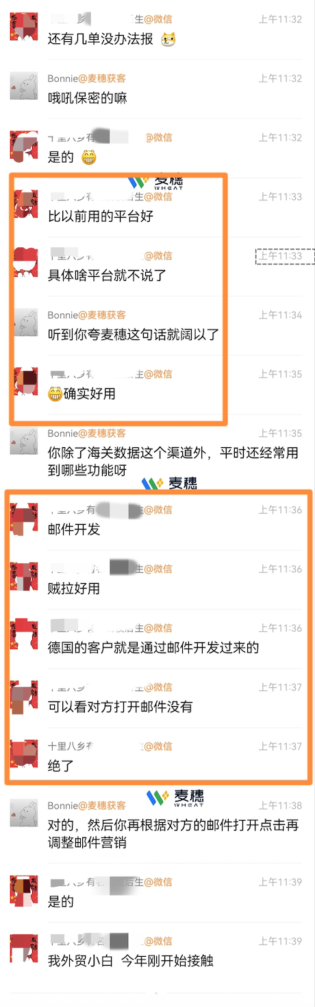 钢丝绳外贸新人使用麦穗的脱敏反馈截图